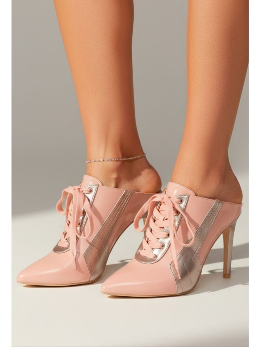 Pink & Silver Pointed Toe Lace-Up Stiletto Heel Mules For Women